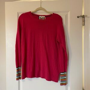 Boden Pink Crewneck Sweater with Multicolor Stripe Cuffs